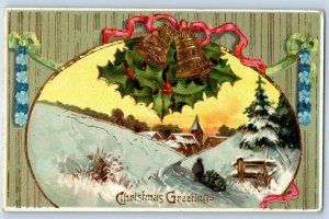 Christmas Greetings Ringing Bells Berries Winter Scene Gel Gold Gilt Postcard
