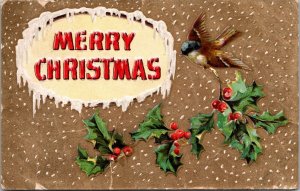 Merry Christmas Bird Holly Berries Snow Postcard