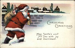 Christmas Santa Claus with Toys Silhouette Village Skyline Vintage Postcard