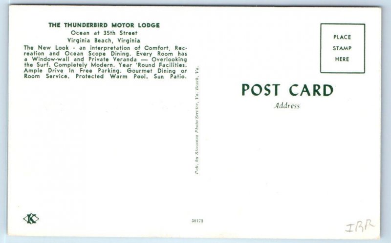 2 Postcards VIRGINIA BEACH, VA ~ Roadside THUNDERBIRD MOTOR LODGE Pool c1960s