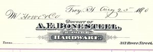 1890 TROY NY  A.E. BONESTEEL HARDWARE 313 RIVER ST  BILLHEAD INVOICE Z1718