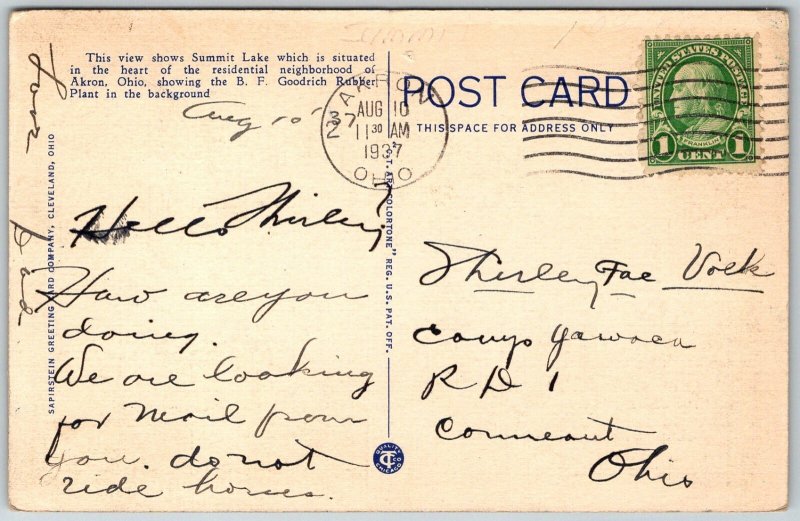 Akron Ohio 1937 Postcard Skyline from Summit Lake