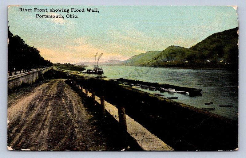 J99/ Portsmouth Ohio Postcard Scioto County c1910 Flood Wall Steamer 474
