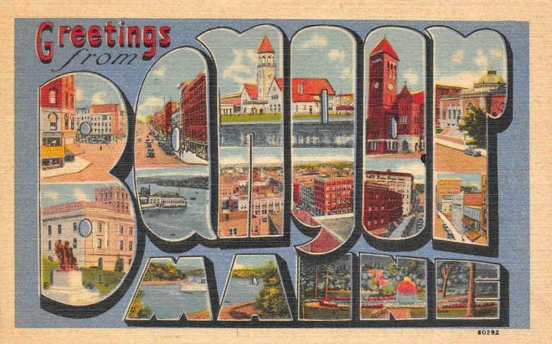 Maine ME  BANGOR LARGE LETTER LINEN Greetings STATE SCENES 1952 Tichnor Postcard 