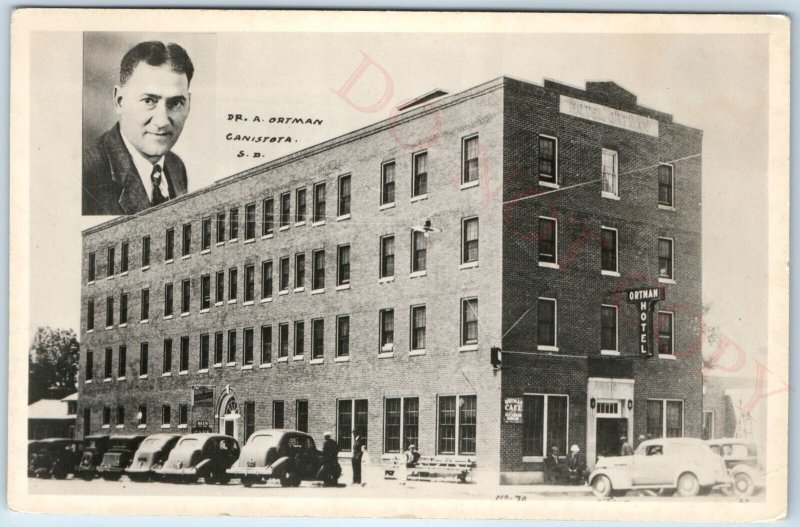 c1940s Canistota, SD RPPC Dr Ortman Hotel Real Photo Cars Ice Cream Postcard A95