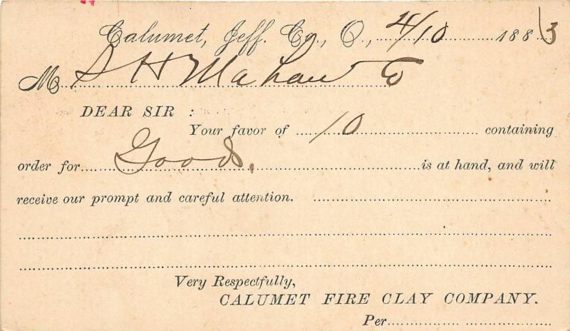 E94/ Calumet Jefferson County Ohio Postcard 1883 Fire Clay Company Bill