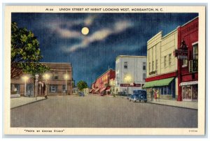 c1940 Union Street Night Looking West Moon Morganton North Carolina NC Postcard