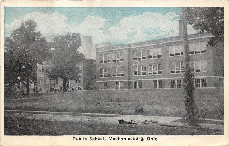 Mechanicsburg Ohio~Public School~Students in Front of Entrance~1927 Blue Sky Pc