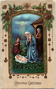 1912 CHRISTMAS GREETING BEAUTIFUL NATIVITY SCENE GILDED EMBOSSED POSTCARD 39-271