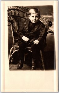 Children and Babies Little Boy Sits on Chair Photograph Real Photo RPPC Postcard