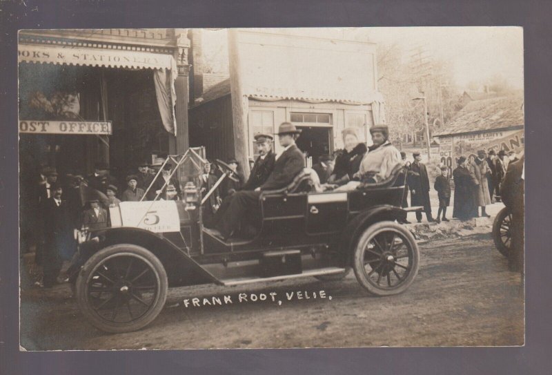 rppc c1910 VELIE CAR DEALERSHIP Racecar FRANK ROOT #5 Driver ADVERTISING