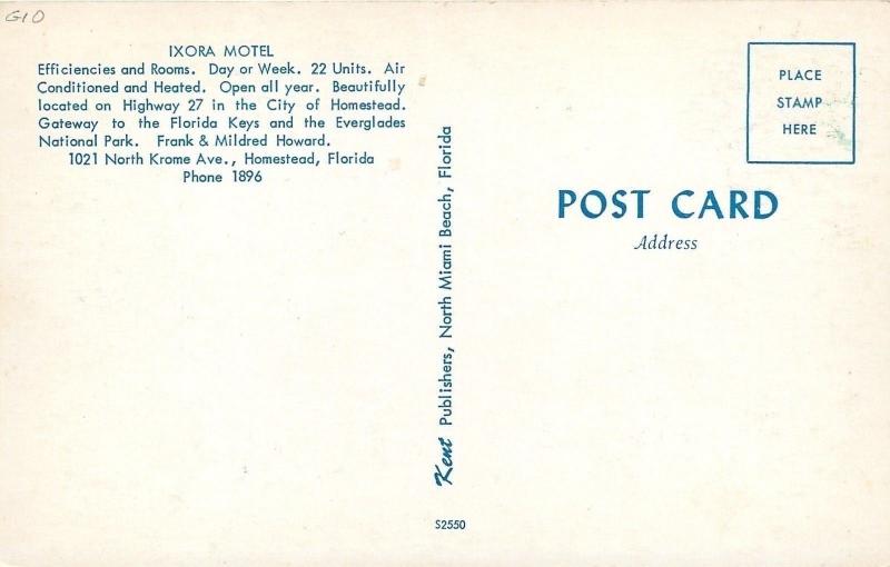 Homestead Florida~Ixora Motel~1950s Postcard