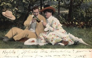 Vintage Postcard 1907 Lovers Couple Picnic Drinking Wine Sweet Romance