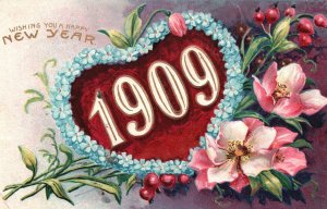 Vintage Postcard 1909 Wishing You A Happy New Year Heart Blue Flowers Greetings