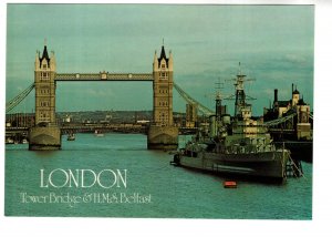 Large 5 X 7 Inch, Tower Bridge, HMS Belfast, London, England, Light Cruiser Ship