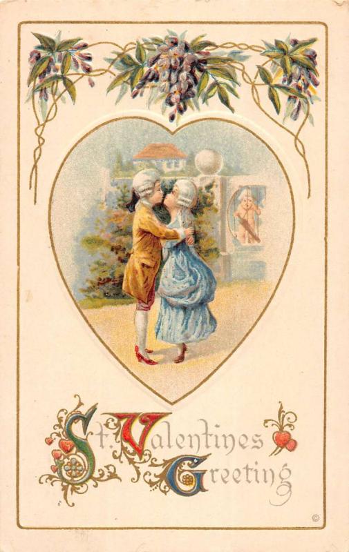 Valentines Greeting Old Fashioned Couple Kiss Antique Postcard K78510