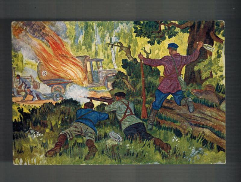 Mint WWII USSR SOviet Union partisans Attacking Germans Forest Postcard Red Army