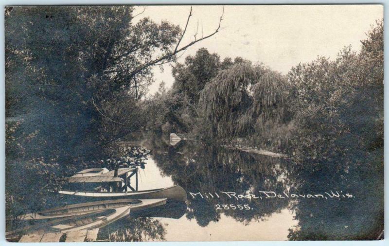 RPPC  DELAVAN, Wisconsin  WI    MILL RACE  Canoes  1915  C.R. Childs   Postcard 