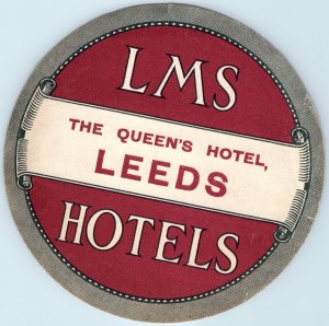 C1930s Leeds, England LMS Hotels Luggage Label Queen's Railway 5.5 Decal UK 5D