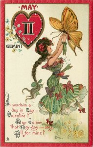 Tuck Zodiac Valentine Postcard 128 A/S Dwig May Gemini Girl & Butterfly