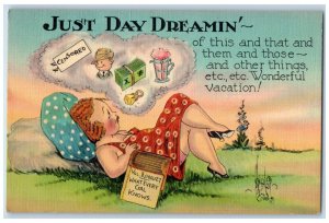 1941 Fat Woman Dreaming For Vacation Presque Isle Maine ME Vintage Postcard