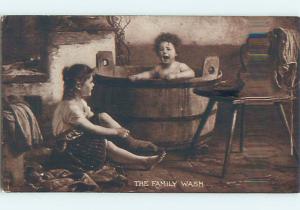 Pre-Linen GIRL WATCHES LITTLE BROTHER TAKE BACK IN WOODEN WASHTUB HJ4197