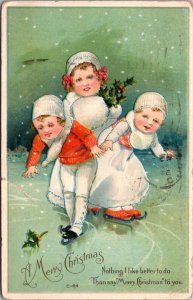 Christmas Postcard Three Young Children Ice Skating