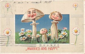 Greetings Married and Happy Fantasy Mushroom Faces Vintage Postcard AA68451