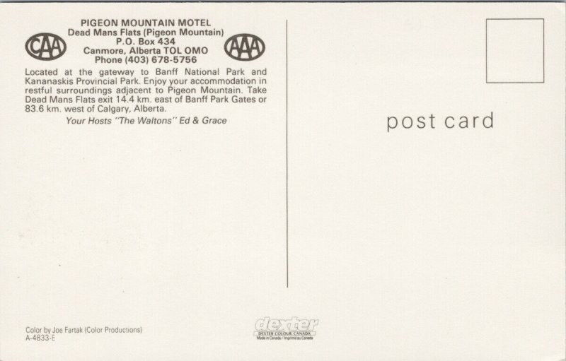 Canmore Alberta Pigeon Mountain Motel Dead Mans Flats Unused Postcard G66