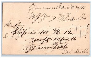 1891 L & C Stricklen Clinton Iowa IA Emerson Iowa IA Posted Postal Card