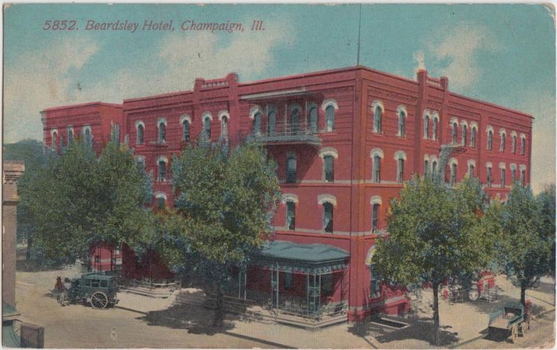 Illinois Il Postcard 1912 Champaign BEARDSLEY HOTEL Building Cars