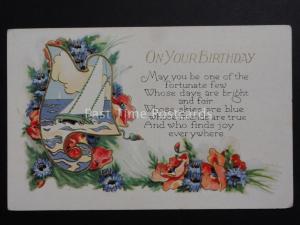 Embossed Poppies Postcard: On Your Birthday, Sailing Yacht - Donation to R.B.L.