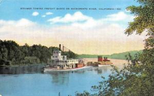 CA, California STEAMER SHIP TOWING BARGE~Sacramento River c1940's Linen Postcard