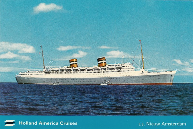 P1899 ship at anchor ss nieuw amsterdam holland american line postcard unused