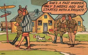 Vintage Postcard 1942 She's A Fast Worker Only 3 Weeks Ago Started Private Comic