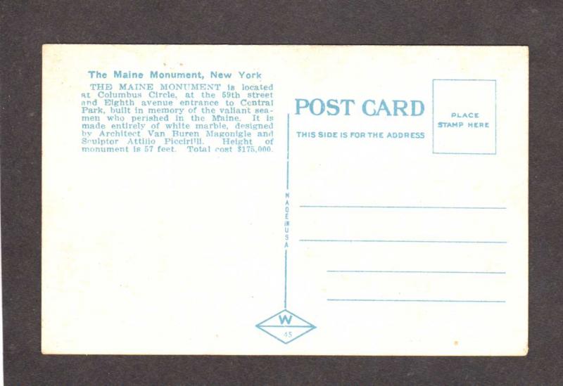 NY Maine Monument Central Park New York City NYC Postcard