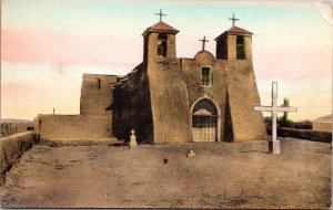 Linen Hand Colored Postcard Ranchos de Taos Mission Church near Taos, New Mexico
