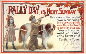 RALLY DAY 1914 Postcard Children With Horn And St. Bernard Dog On Leash