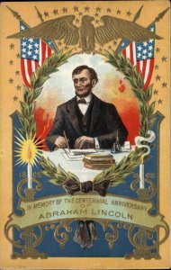 Abraham Lincoln at Desk Centennial American Flags c1910 Postcard