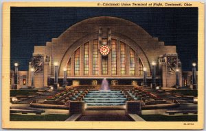 Cincinnati Ohio, Union Terminal at Night, Entrance, Fountain, Vintage Postcard
