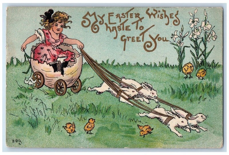 Easter Wishes Rabbit Pulling Cart Hatched Egg Girl Chicks Albany NY Postcard