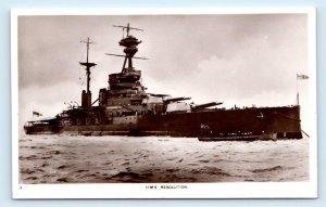 RPPC Royal Navy Battleship H.M.S. RESOLUTION Real Photo Ship 1930s-40s Postcard