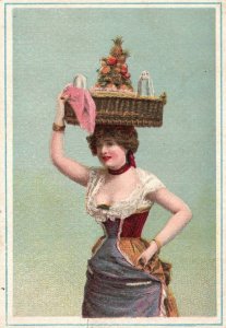 1880s-90s Woman Dressed in Victorian Dress Carrying Basket on Head Trade Card