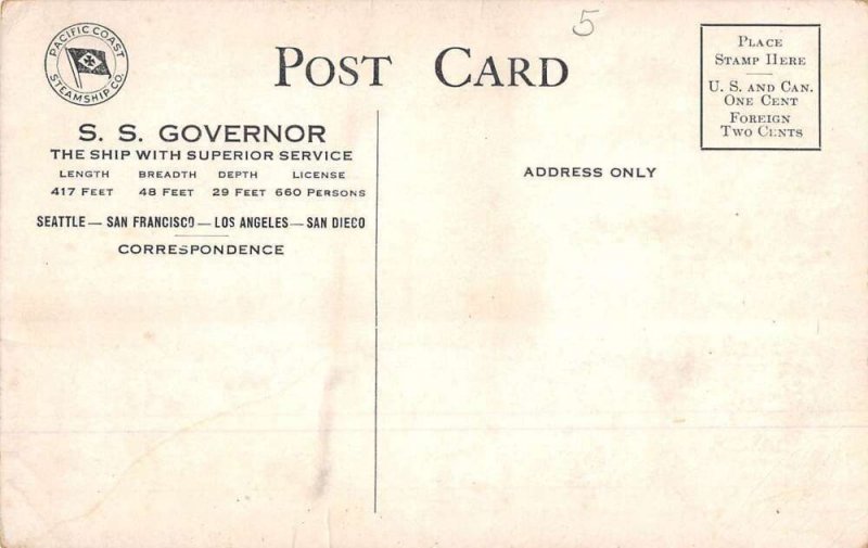 SS Governor Pacific Coast Steamship Co Vintage Postcard AA12654