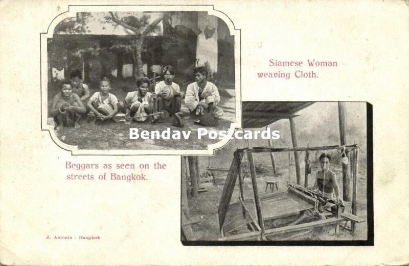 siam thailand, BANGKOK, Siamese Woman weaving Cloth, Street Beggars (1899)