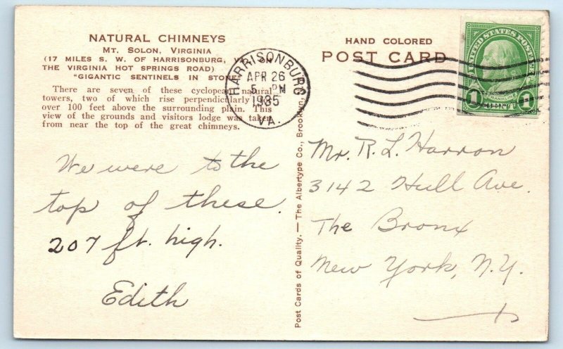MT. SOLON Virginia VA ~Handcolored NATURAL CHIMNEYS Visitors Lodge 1935 Postcard
