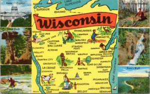 postcard Wisconsin souvenir map and multiview Shini Color