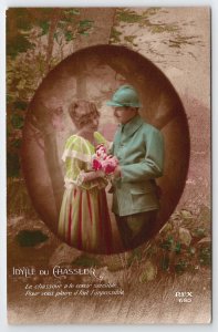 French Soldier Hunts For His Lady In Forest Pretty Woman Tinted RPPC Postcard I9