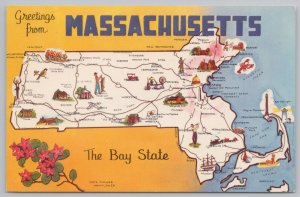 State View~Pictorial State Map of Massachusetts & State Flower~Vintage Postcard