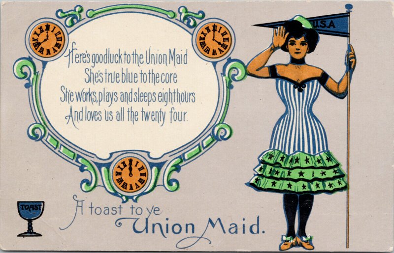 A Toast to ye Union Maid Woman Salute USA Pennant Toast Series No1 Postcard G67